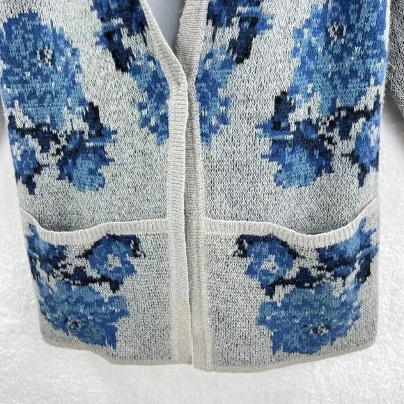 J Jill Vintage 1XL Wool Blend Gray Blue Floral Cardigan Pockets Grandmacore - Picture 5 of 12